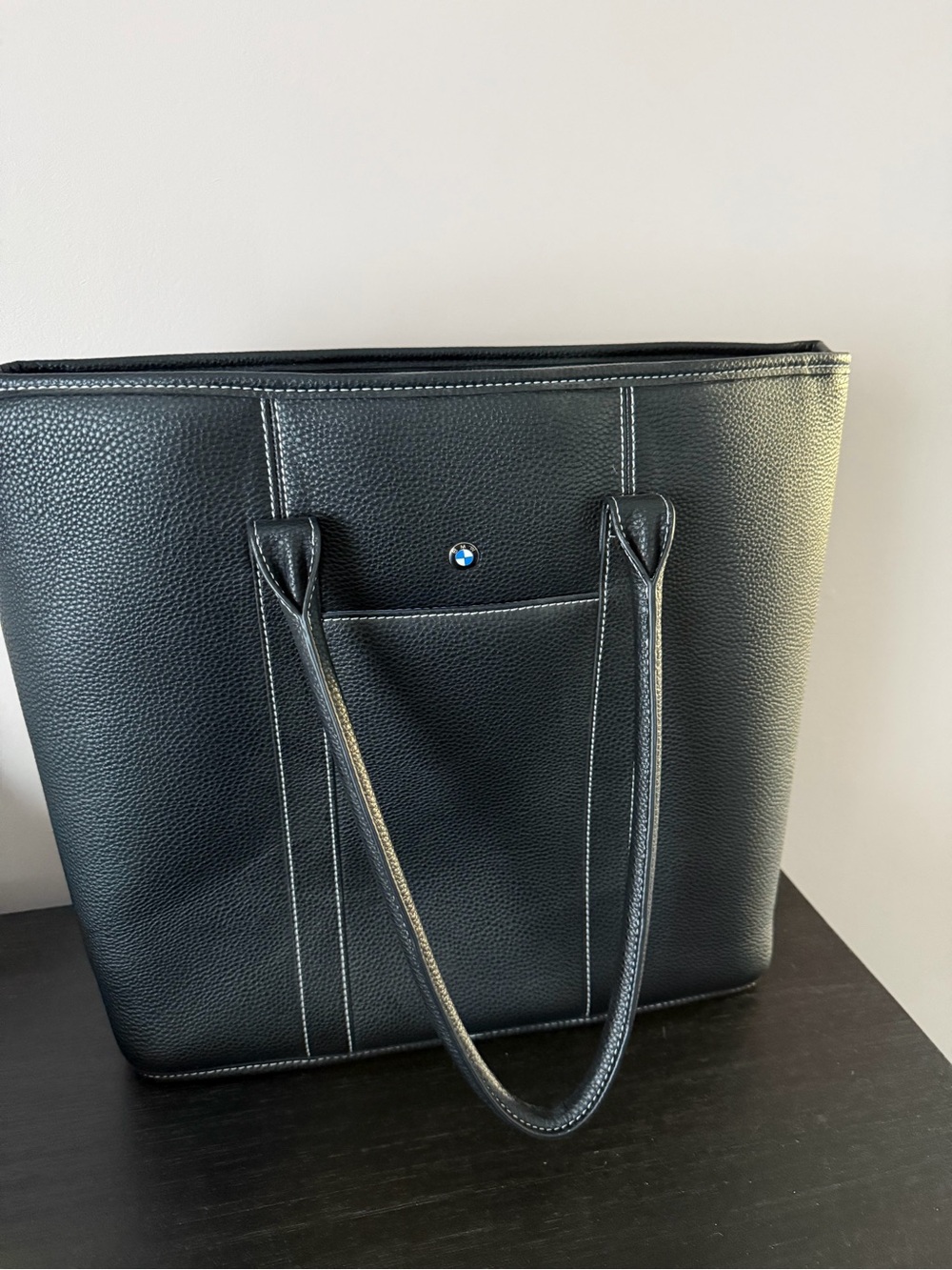 BMW Black Pebbled Leather Tote with White Stitching